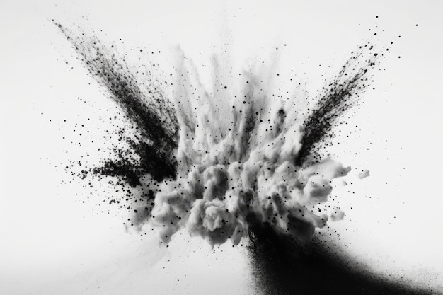 Zdjęcie plamki węgla drzewnego na białym tle abstrakcyjne rozpryski proszku na białym tle i zamrożone klatki czarnego proszku rzucanego lub eksplodującego