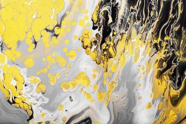 Plamy czarnej i żółtej farby i żółte bąbelki na szarym tle. Marmurowy efekt tła lub tekstury. Sztuka płynna.