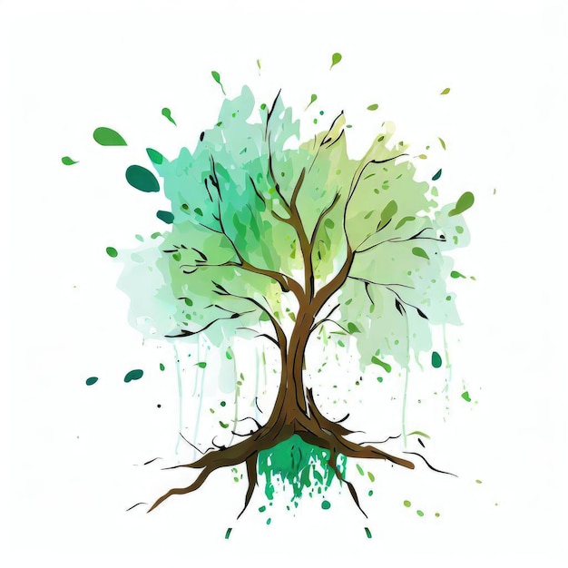 Plamy zielonej akwareli Ilustracja przedstawiająca zielone drzewo powitalne Generatywna sztuczna inteligencja