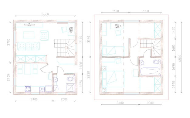 Plan architektoniczny małego domu na dwóch piętrach z wymiarami na rysunku na białym tle