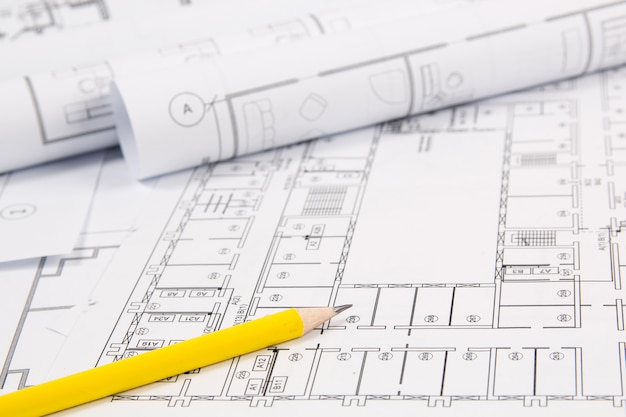 Zdjęcie plan architektoniczny. rysunki domów inżynieryjnych, pancil i plany.