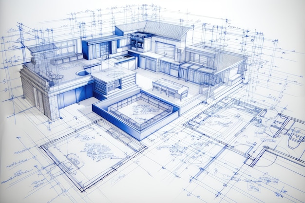 Plan architektury nowoczesnego domu z projektami Renderowanie 3D projektu planu budynku Plan nowoczesnego domu Wygenerowano sztuczną inteligencję