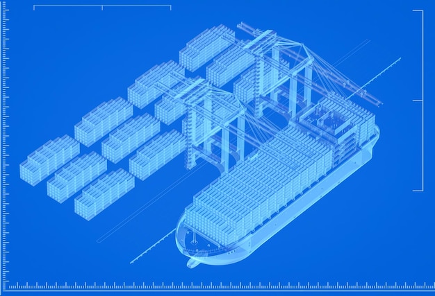 Plan statku towarowego lub statku z kontenerami w porcie terminala