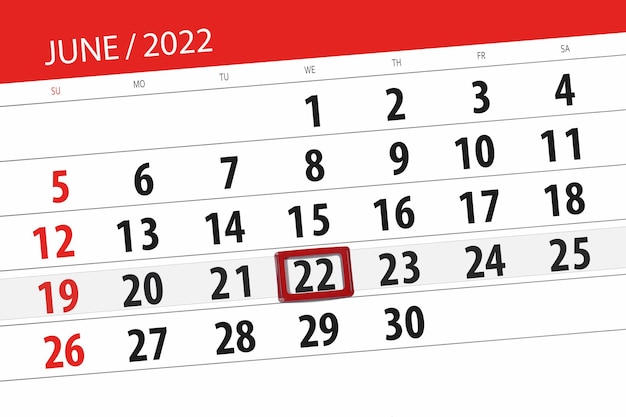 Planer kalendarza na miesiąc czerwiec 2022 termin ostateczny dzień 22 środa