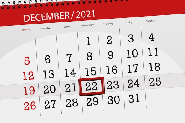 Planer kalendarza na miesiąc grudzień 2021, dzień ostateczny, 22, środa.