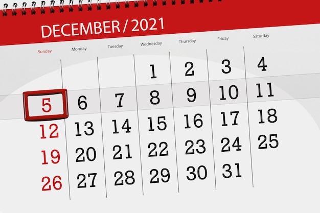 Planer kalendarza na miesiąc grudzień 2021, dzień ostateczny, 5, niedziela.