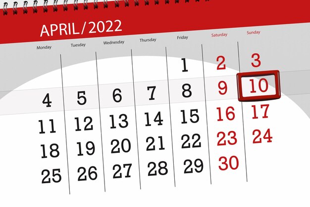 Planer kalendarza na miesiąc kwiecień 2022 termin dzień 10 niedziela