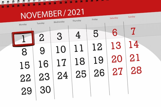 Planer kalendarza na miesiąc listopad 2021, dzień ostateczny, 1, poniedziałek.
