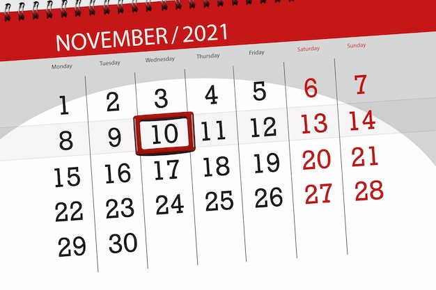 Planer kalendarza na miesiąc listopad 2021, dzień ostateczny, 10, środa.