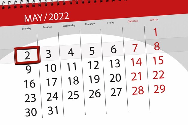Planer kalendarza na miesiąc maj 2022 termin dzień 2 poniedziałek