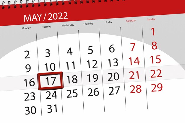 Planer kalendarza na miesiąc maj 2022 termin termin 17 wtorek