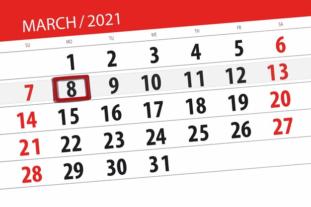 Planer kalendarza na miesiąc marzec 2021, termin, 8, poniedziałek.