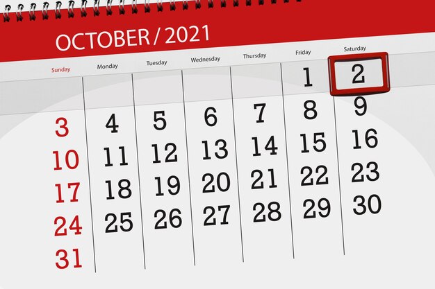 Planer kalendarza na miesiąc październik 2021, dzień ostateczny, 2, sobota.