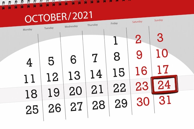 Planer kalendarza na miesiąc październik 2021, dzień ostateczny, 24, niedziela.