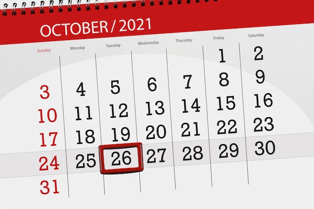 Planer kalendarza na miesiąc październik 2021, dzień ostateczny, 26, wtorek.