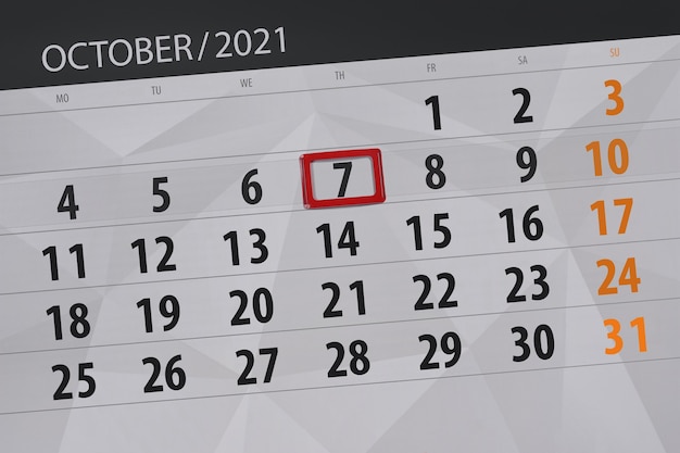 Planer kalendarza na miesiąc październik 2021, dzień ostateczny, 7, czwartek.