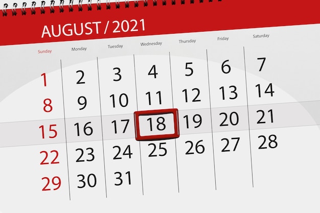 Planer kalendarza na miesiąc sierpień 2021, dzień ostateczny, 18, środa.