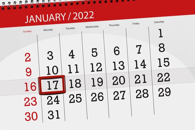 Planer kalendarza na miesiąc styczeń 2022, dzień ostateczny, 17, poniedziałek.
