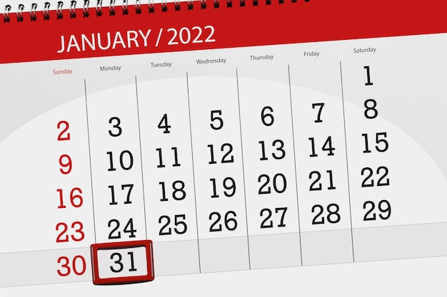 Planer kalendarza na miesiąc styczeń 2022, dzień ostateczny, 31, poniedziałek.