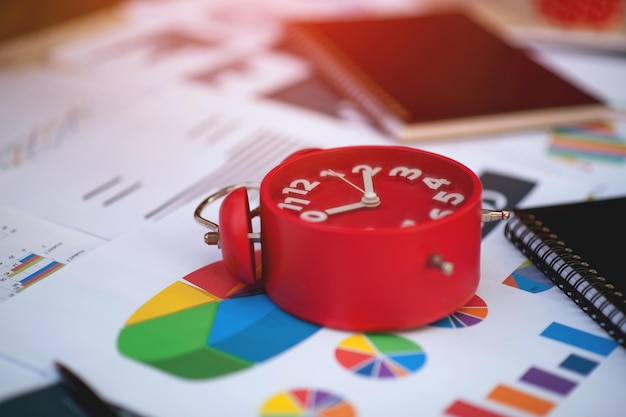 Planer pracy z czerwonym zegarem na biurku z wykresem biznesowym
