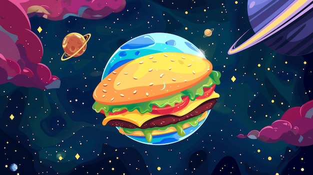 Zdjęcie planeta hamburgerów w kosmosie karikatura kuli z teksturą hamburgera w kosmosie ilustracja do gry fantasy opisującej smaczne życie w galaktyce