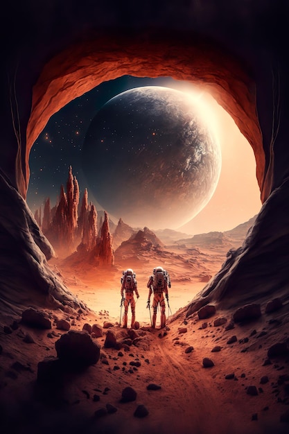 Planeta krajobrazowa Mars Życie na Marsie Zachód słońca na Marsie Góry Marsa Generaive AI illustration