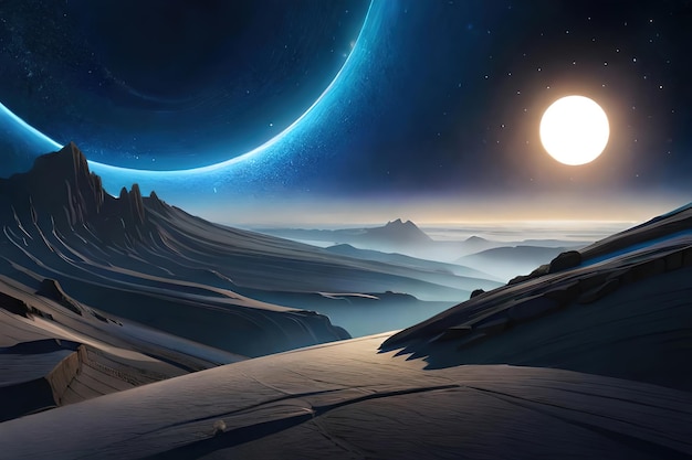 Planeta na pustyni z księżycem w tle