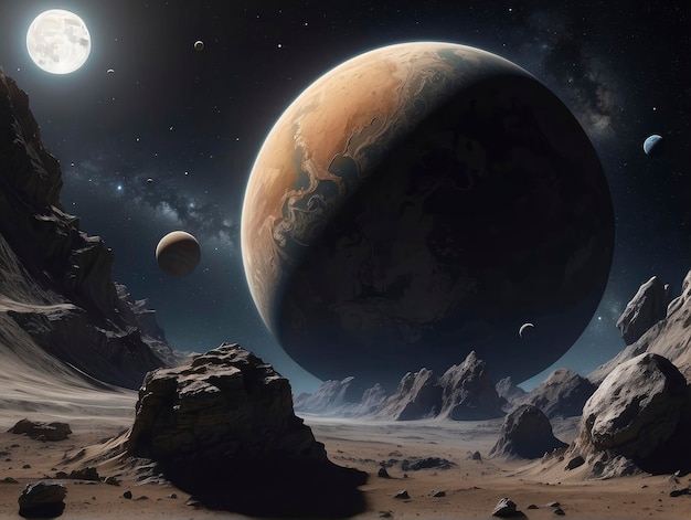 planeta o skalistej powierzchni i księżycu w tle ze skałami i głazami