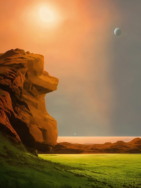planeta w kosmosie ze skałami, pustynią z mieszanymi równinami i filmowym horyzontem z kilkoma ludźmi