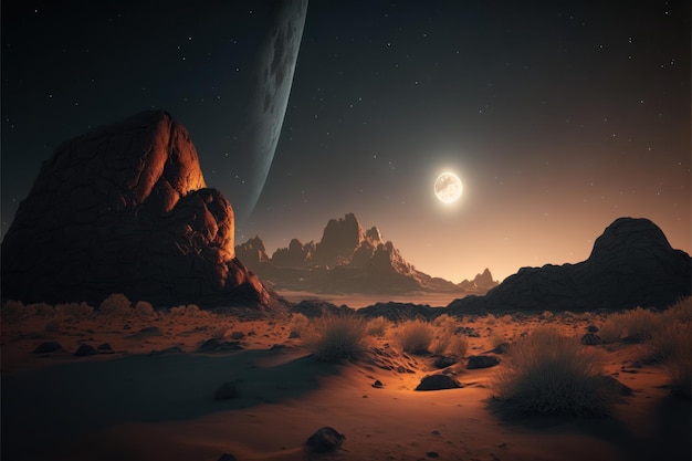 Planeta w stylu surrealizmu Góry sucha atmosfera Wygenerowana sztuczna inteligencja