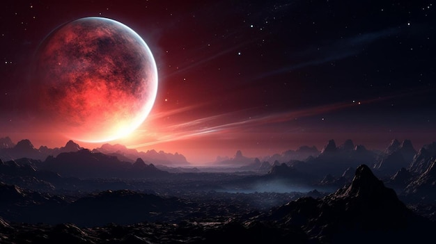 planeta z czerwonym niebem i górskim krajobrazem w tle.