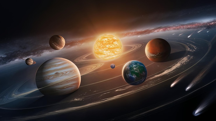 Zdjęcie planeta z słońcem i planetami w tle