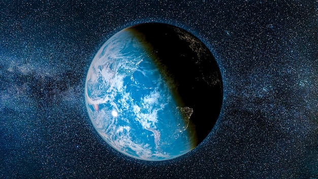 Planeta Ziemia na gwiezdnym niebie Sfera Ziemi Planeta w kosmosie Światła miasta na planecie Życie ludzi Elementy układu słonecznego Elementy tego obrazu dostarczone przez NASA