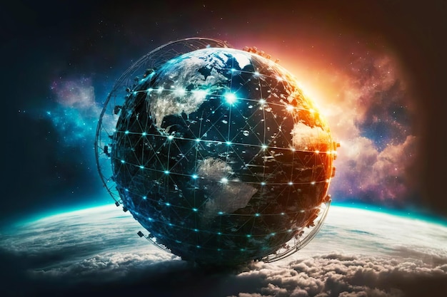 Planeta Ziemia uwikłana w sieci bezprzewodowe i połączenia internetowe przyszłej cyberprzestrzeni inteligentnych sieci miejskich generatywnych ai
