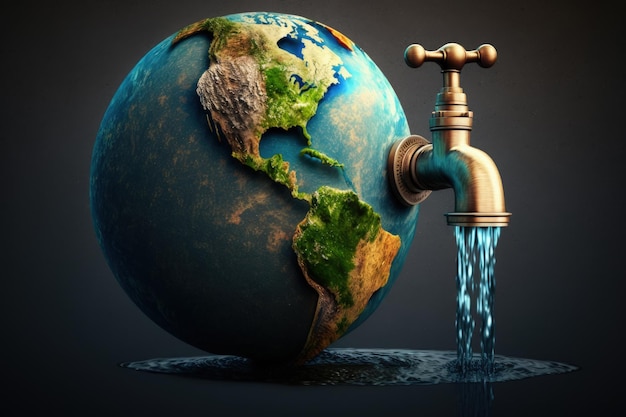 Planeta Ziemia z koncepcją Światowego Dnia Wody z kranu dotyczącą ochrony środowiska i oszczędzania wody AI