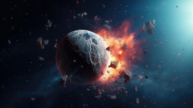 Planeta zniszczona w przestrzeni otaczającej z rozbłyskami gwiazd asteroidy kosmiczne tło Generative Ai