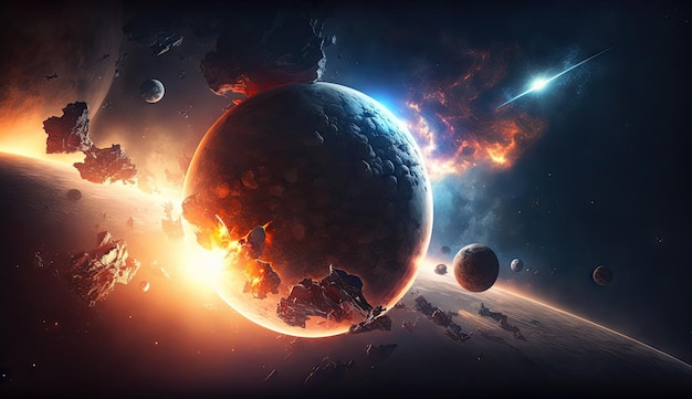 Planeta zniszczona w przestrzeni otaczającej z rozbłyskami gwiazd asteroidy kosmiczne tło Generative Ai