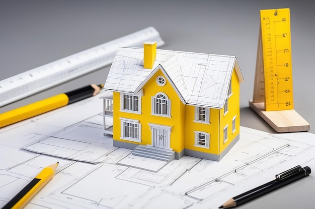 Plany planów i żółty model domu z linijką skalową i koncepcją architekta ołówka
