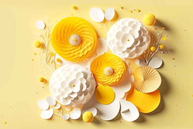 Płaska biała kompozycja z żółtymi papierowymi kwiatami renderowania d na płaszczyźnie generatywnej ai