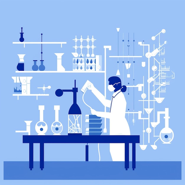 Płaska ilustracja chemika w laboratorium przemysłowym analizującym próbki przeprowadzające eksperymenty