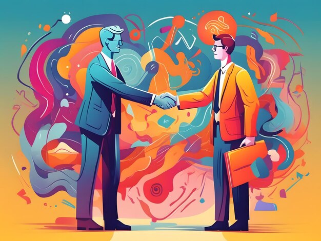 Płaska ilustracja dwóch osób ściskających dłonie ikoną biznesu i wiedzy