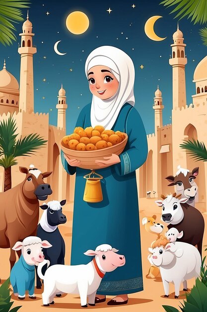 Płaska ilustracja Eid alAdha z ludźmi i zwierzętami