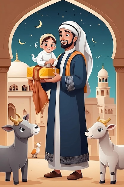 Płaska ilustracja Eid alAdha z ludźmi i zwierzętami