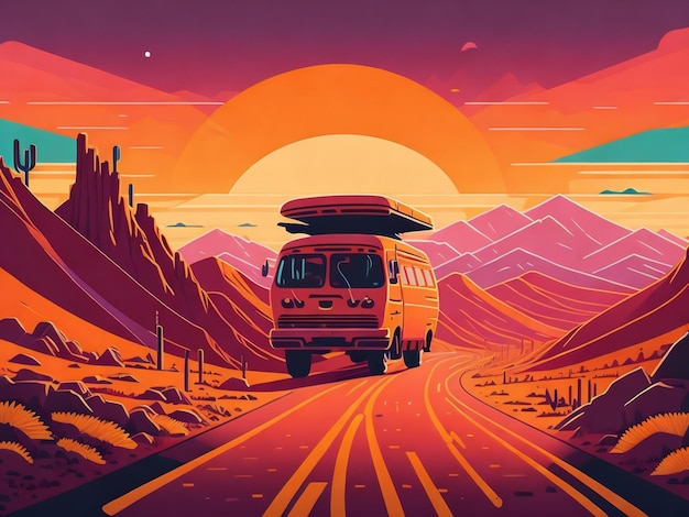 Płaska ilustracja furgonetki jadącej krętą drogą w Kalifornii