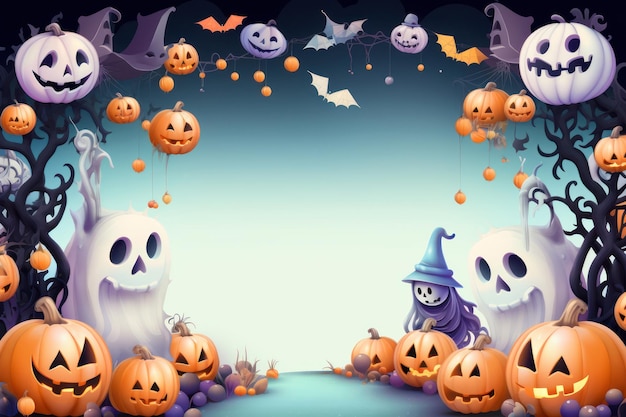 Płaska ilustracja Halloweenowy baner lub strona zaproszenie tło Pełnia księżyca w pomarańczowym niebie pająki