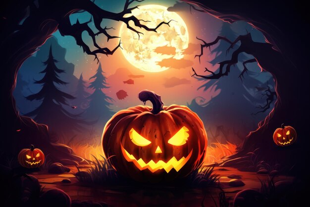Płaska ilustracja Halloweenowy baner lub strona zaproszenie tło Pełnia księżyca w pomarańczowym niebie pająki
