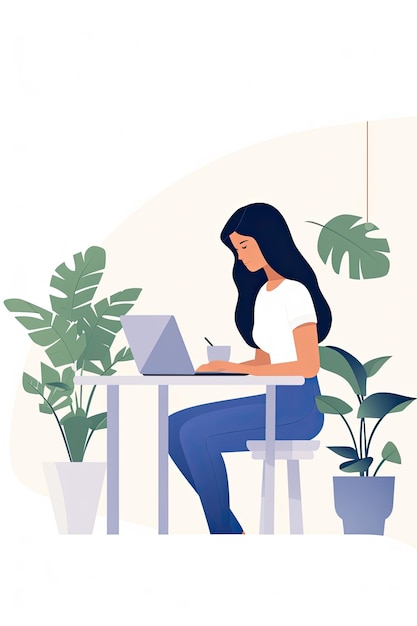 Płaska ilustracja kobiety pracującej przy komputerze izolowana na białym tle