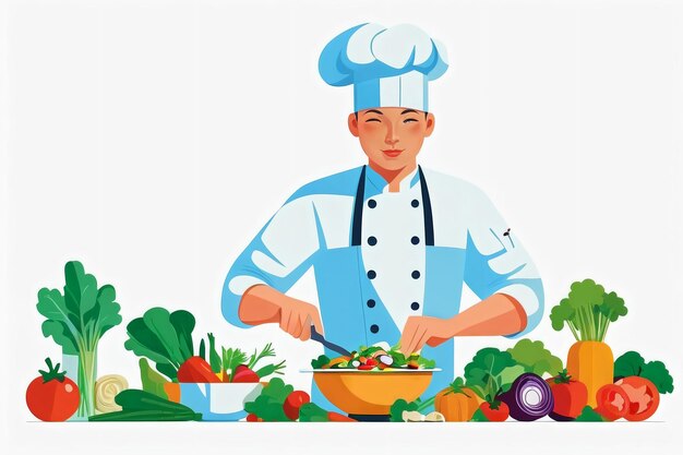 Płaska ilustracja kucharza gotującego posiłek z świeżymi warzywami na tle