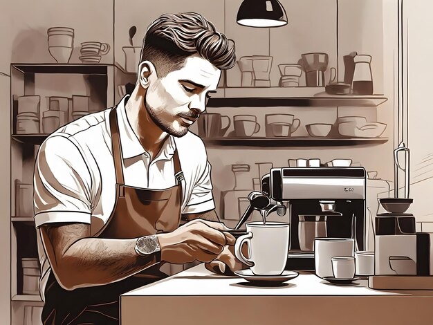 Płaska ilustracja męski barista robi kawie