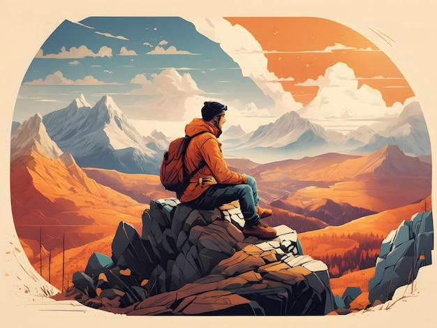 Płaska ilustracja mężczyzny siedzącego na szczycie góry i patrzącego na dolinę